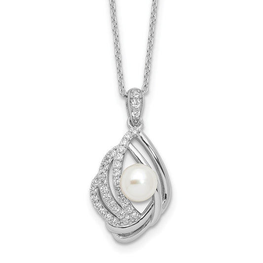Cheryl M Sterling Silver Rhodium-plated Freshwater Cultured Pearl and Brilliant-cut CZ Teardrop Design 18 Inch Necklace with 2 Inch Extender QCM1623-18
