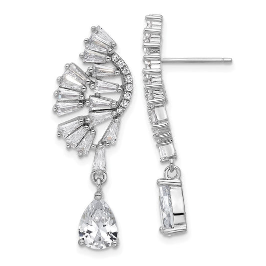 QCM1632 Cheryl M Sterling Silver Rhodium-plated Fancy Brilliant-cut & Tapered Baguette-cut CZ Post Dangle Earrings
