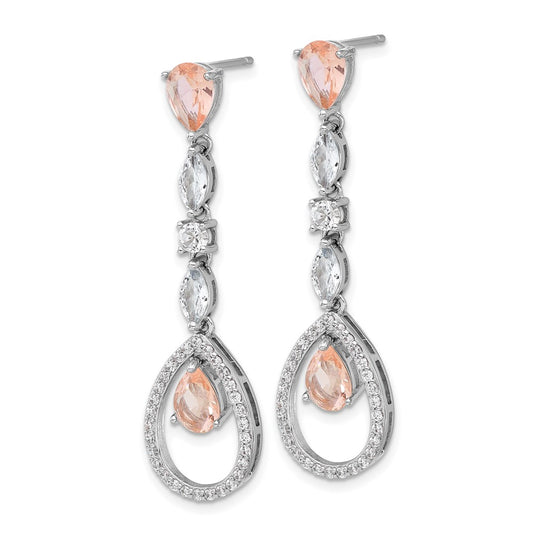 QCM1636 Cheryl M Sterling Silver Rhodium-plated Fancy Brilliant-cut Simulated Morganite/ White Marquise-cut and Brilliant-cut CZ Teardrop Post Dangle Earrings