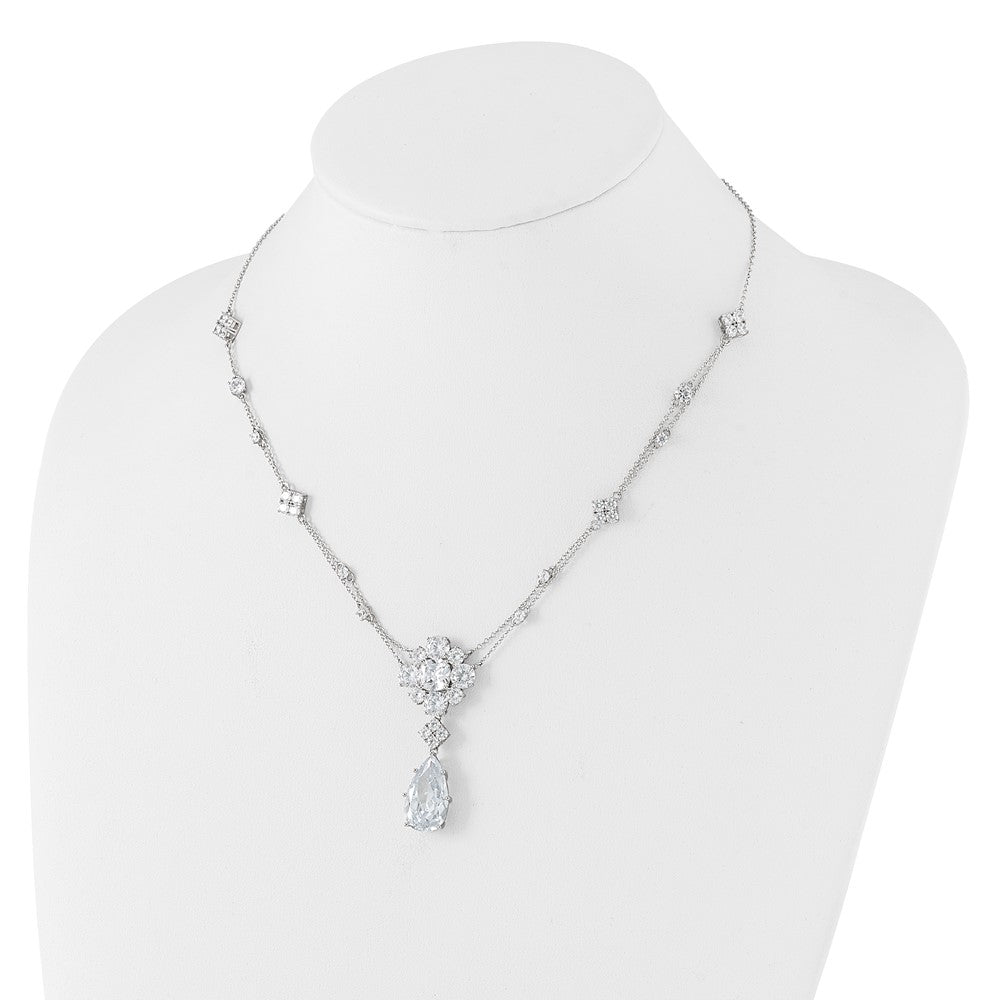 Cheryl M Sterling Silver Rhodium-plated Fancy Cushion-cut and Brilliant-cut CZ Teardrop Dangle 18 Inch Necklace QCM1642-18