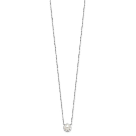 Cheryl M Sterling Silver Rhodium-plated Button Freshwater Cultured Pearl and Brilliant-cut CZ Halo 18 Inch Necklace QCM1643-18