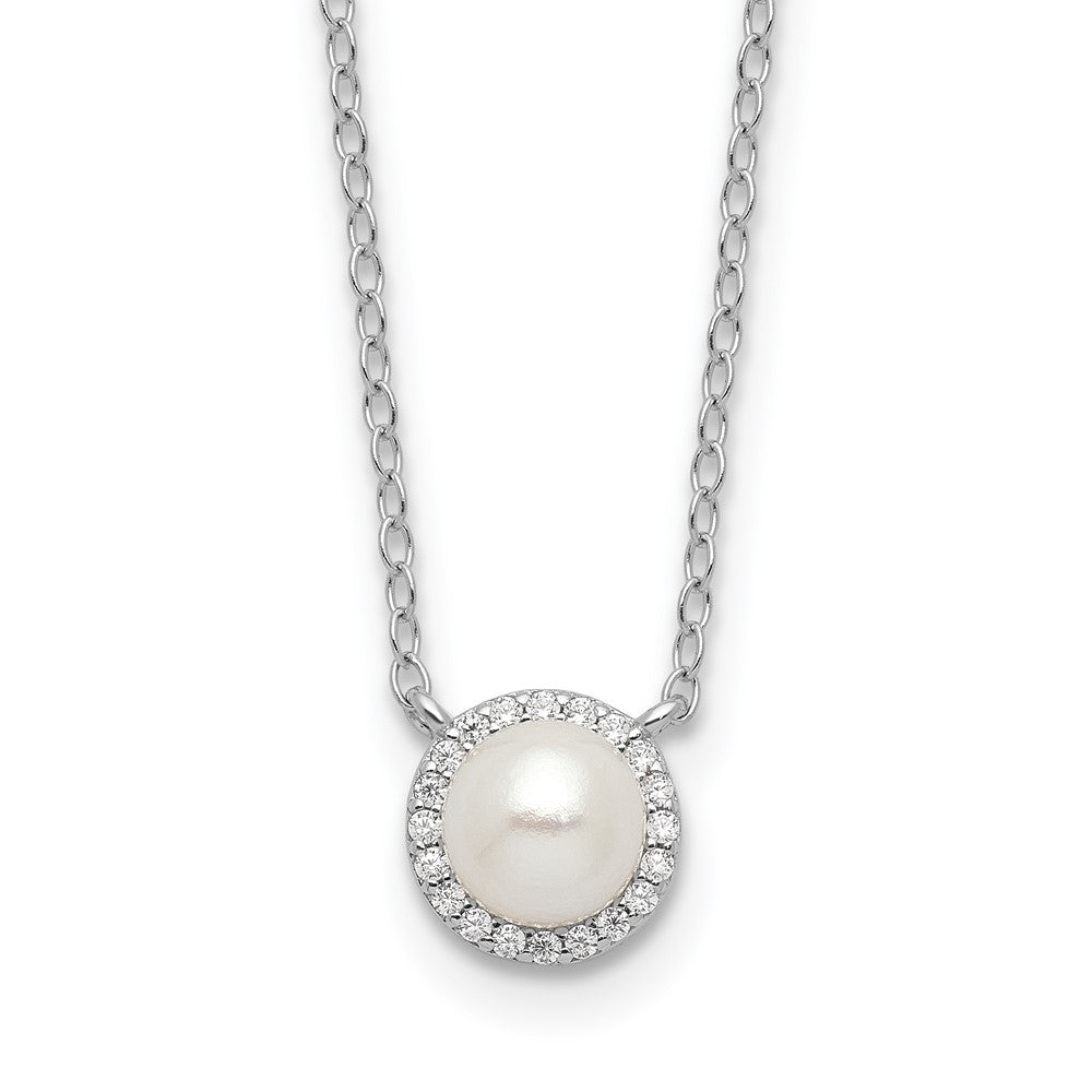Cheryl M Sterling Silver Rhodium-plated Button Freshwater Cultured Pearl and Brilliant-cut CZ Halo 18 Inch Necklace QCM1643-18