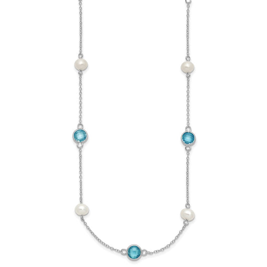 Cheryl M Sterling Silver Rhodium-plated Blue Double Pineapple-cut CZ & White Freshwater Cultured Pearl 9 Station 18 Inch Necklace with 2 Inch Extender QCM1652-18