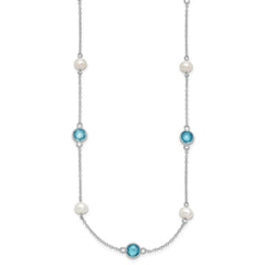 Cheryl M Sterling Silver Rhodium-plated Blue Double Pineapple-cut CZ & White Freshwater Cultured Pearl 9 Station 18 Inch Necklace with 2 Inch Extender QCM1652-18