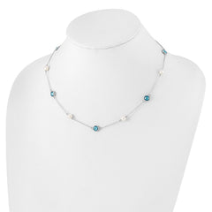 Cheryl M Sterling Silver Rhodium-plated Blue Double Pineapple-cut CZ & White Freshwater Cultured Pearl 9 Station 18 Inch Necklace with 2 Inch Extender QCM1652-18