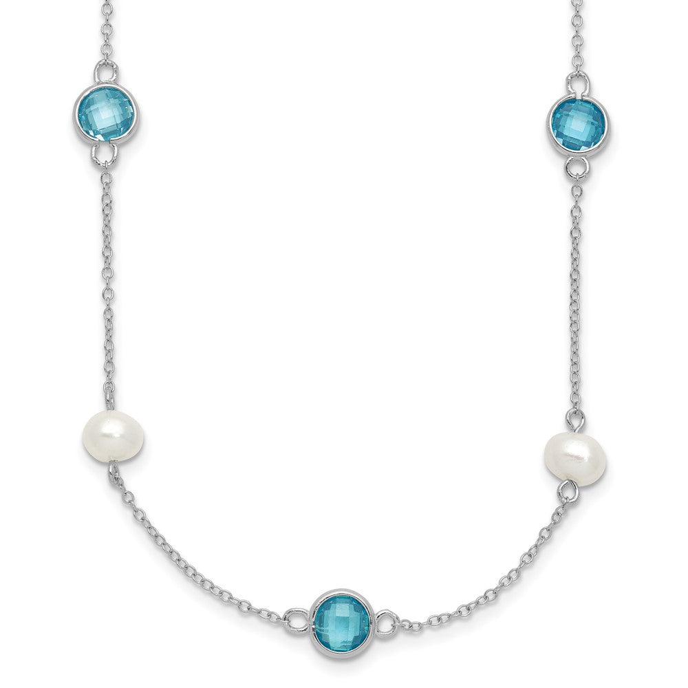 Cheryl M Sterling Silver Rhodium-plated Blue Double Pineapple-cut CZ & White Freshwater Cultured Pearl 9 Station 18 Inch Necklace with 2 Inch Extender QCM1652-18