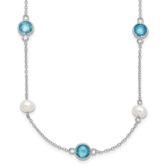 Cheryl M Sterling Silver Rhodium-plated Blue Double Pineapple-cut CZ & White Freshwater Cultured Pearl 9 Station 18 Inch Necklace with 2 Inch Extender QCM1652-18