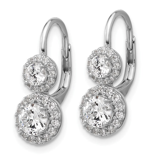 QCM1681 Cheryl M Sterling Silver Rhodium-plated Polished Double Round CZ Halo Leverback Earrings