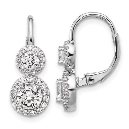 QCM1681 Cheryl M Sterling Silver Rhodium-plated Polished Double Round CZ Halo Leverback Earrings