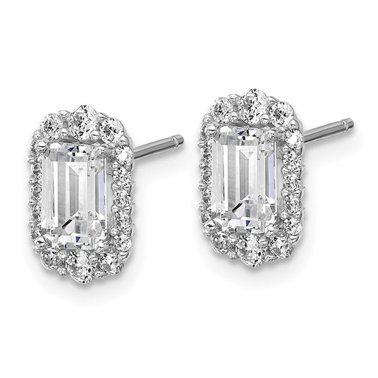 QCM1692 Cheryl M Sterling Silver Rhodium-plated Polished Emerald-cut CZ Halo Post Earrings