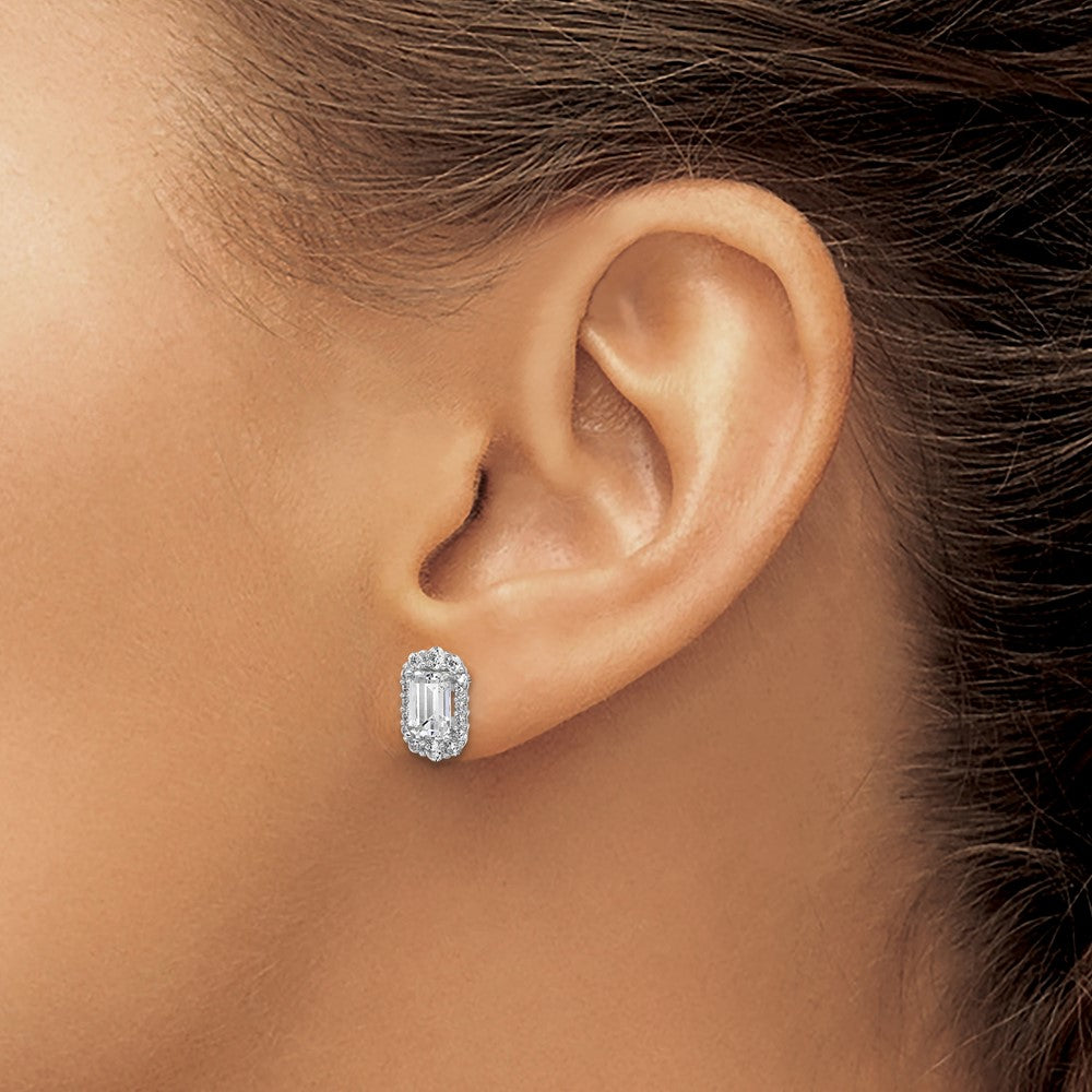 QCM1692 Cheryl M Sterling Silver Rhodium-plated Polished Emerald-cut CZ Halo Post Earrings