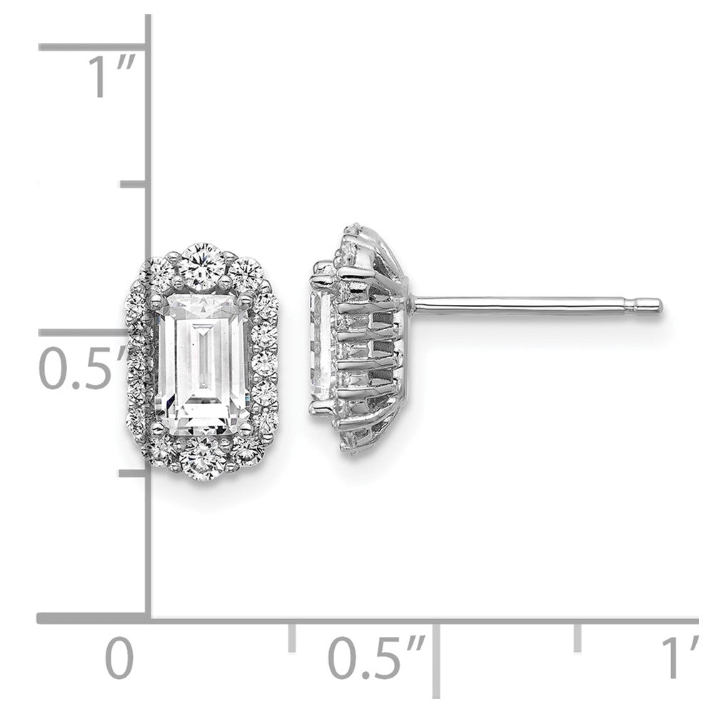 QCM1692 Cheryl M Sterling Silver Rhodium-plated Polished Emerald-cut CZ Halo Post Earrings