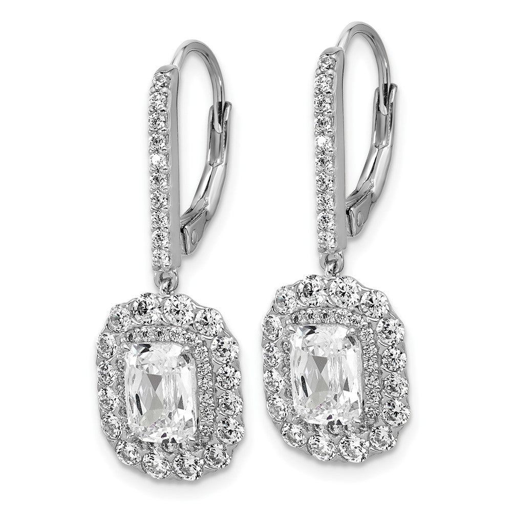 QCM1694 Cheryl M Sterling Silver Rhodium-plated Polished Fancy Emerald-cut CZ Halo Dangle Leverback Earrings