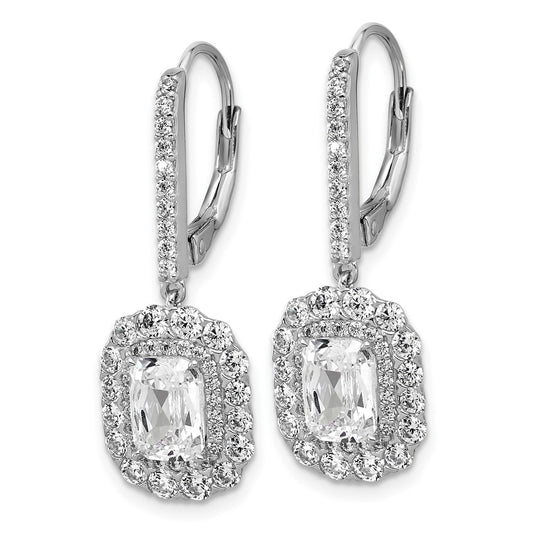 QCM1694 Cheryl M Sterling Silver Rhodium-plated Polished Fancy Emerald-cut CZ Halo Dangle Leverback Earrings