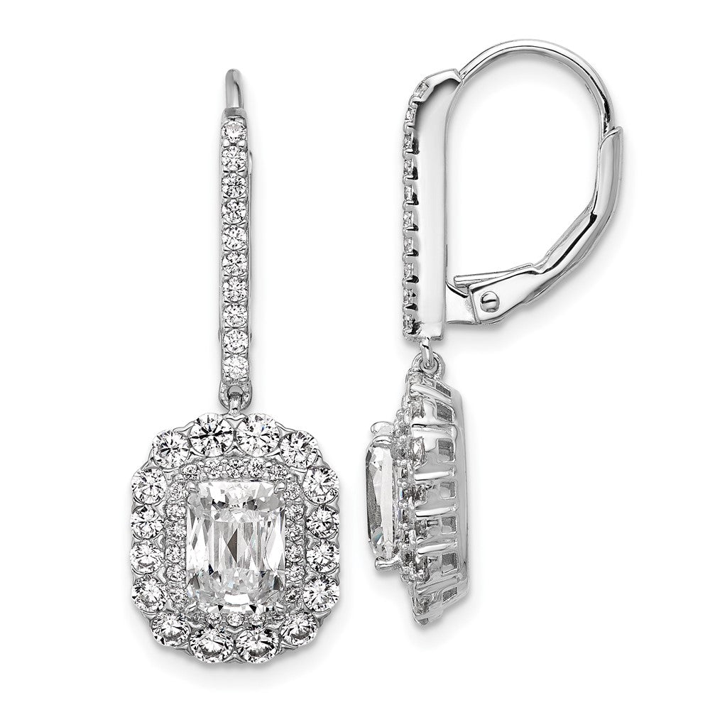 QCM1694 Cheryl M Sterling Silver Rhodium-plated Polished Fancy Emerald-cut CZ Halo Dangle Leverback Earrings