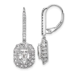 QCM1694 Cheryl M Sterling Silver Rhodium-plated Polished Fancy Emerald-cut CZ Halo Dangle Leverback Earrings