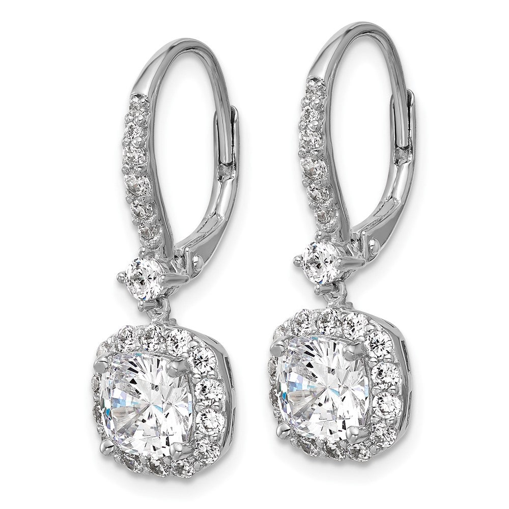 QCM1700 Cheryl M Sterling Silver Rhodium-plated Polished Cushion-cut CZ Halo Dangle Leverback Earrings