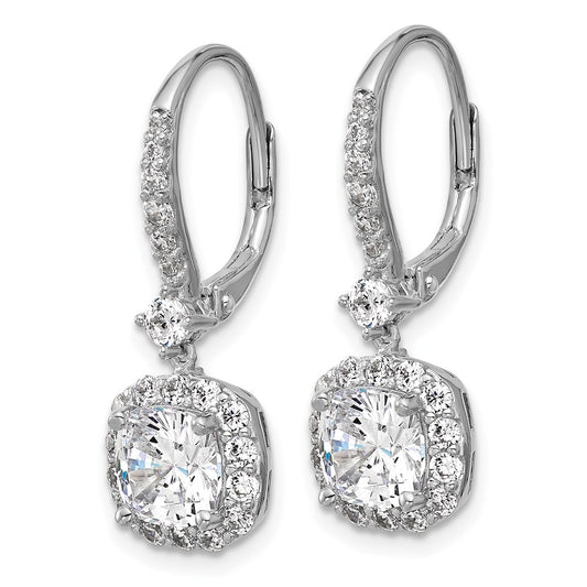 QCM1700 Cheryl M Sterling Silver Rhodium-plated Polished Cushion-cut CZ Halo Dangle Leverback Earrings