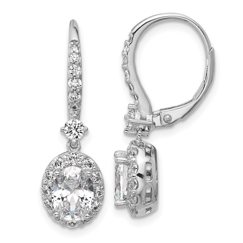 QCM1701 Cheryl M Sterling Silver Rhodium-plated Polished Oval CZ Halo Leverback Dangle Earrings