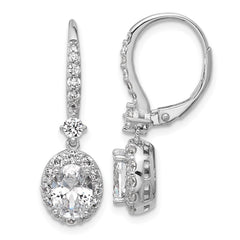 QCM1701 Cheryl M Sterling Silver Rhodium-plated Polished Oval CZ Halo Leverback Dangle Earrings