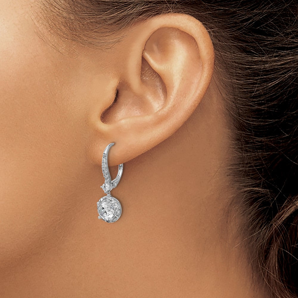 QCM1702 Cheryl M Sterling Silver Rhodium-plated Polished Round CZ Halo Leverback Dangle Earrings