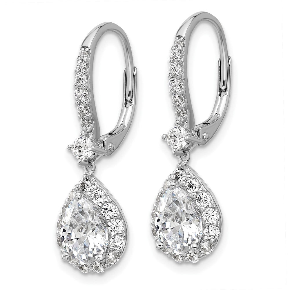 QCM1704 Cheryl M Sterling Silver Rhodium-plated Polished Pear CZ Halo Leverback Dangle Earrings