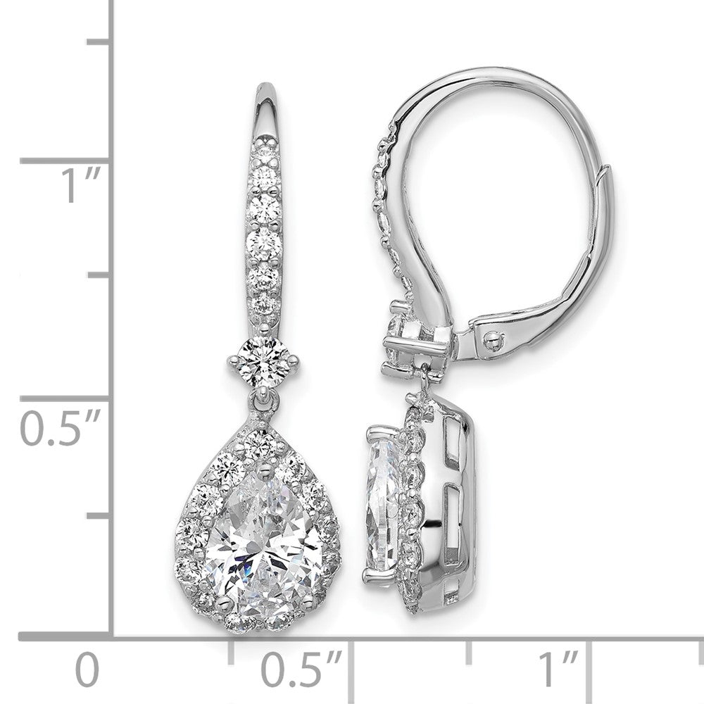 QCM1704 Cheryl M Sterling Silver Rhodium-plated Polished Pear CZ Halo Leverback Dangle Earrings