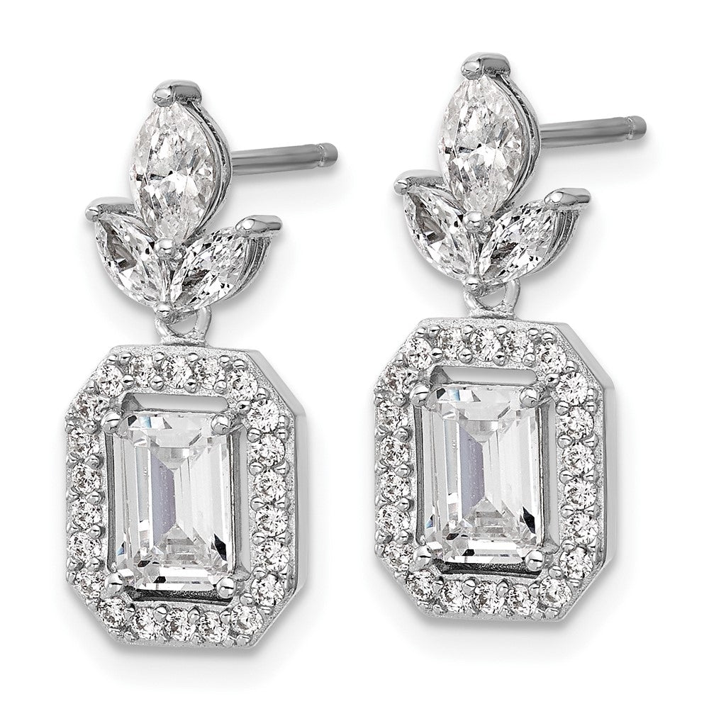 QCM1711 Cheryl M Sterling Silver Rhodium-plated Polished Fancy Emerald-cut CZ Halo Post Dangle Earrings