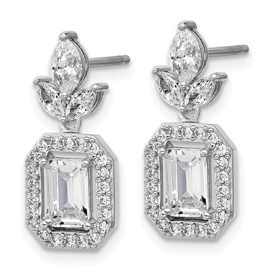 QCM1711 Cheryl M Sterling Silver Rhodium-plated Polished Fancy Emerald-cut CZ Halo Post Dangle Earrings