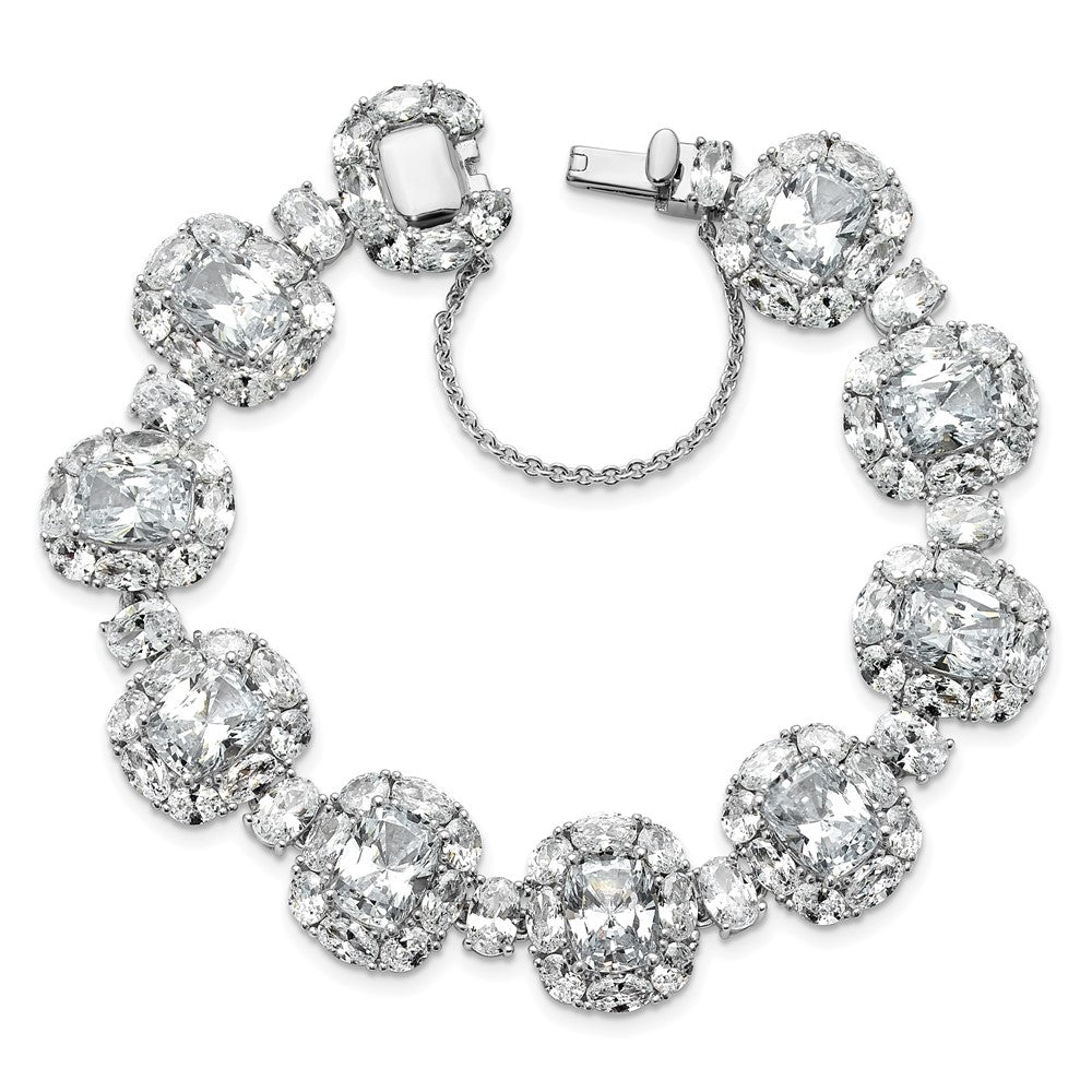 Cheryl M Sterling Silver Rhodium-plated Polished Fancy Cushion-cut CZ Halo Cluster with Safety Chain Bracelet QCM1714-7