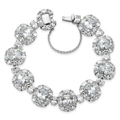 Cheryl M Sterling Silver Rhodium-plated Polished Fancy Cushion-cut CZ Halo Cluster with Safety Chain Bracelet QCM1714-7