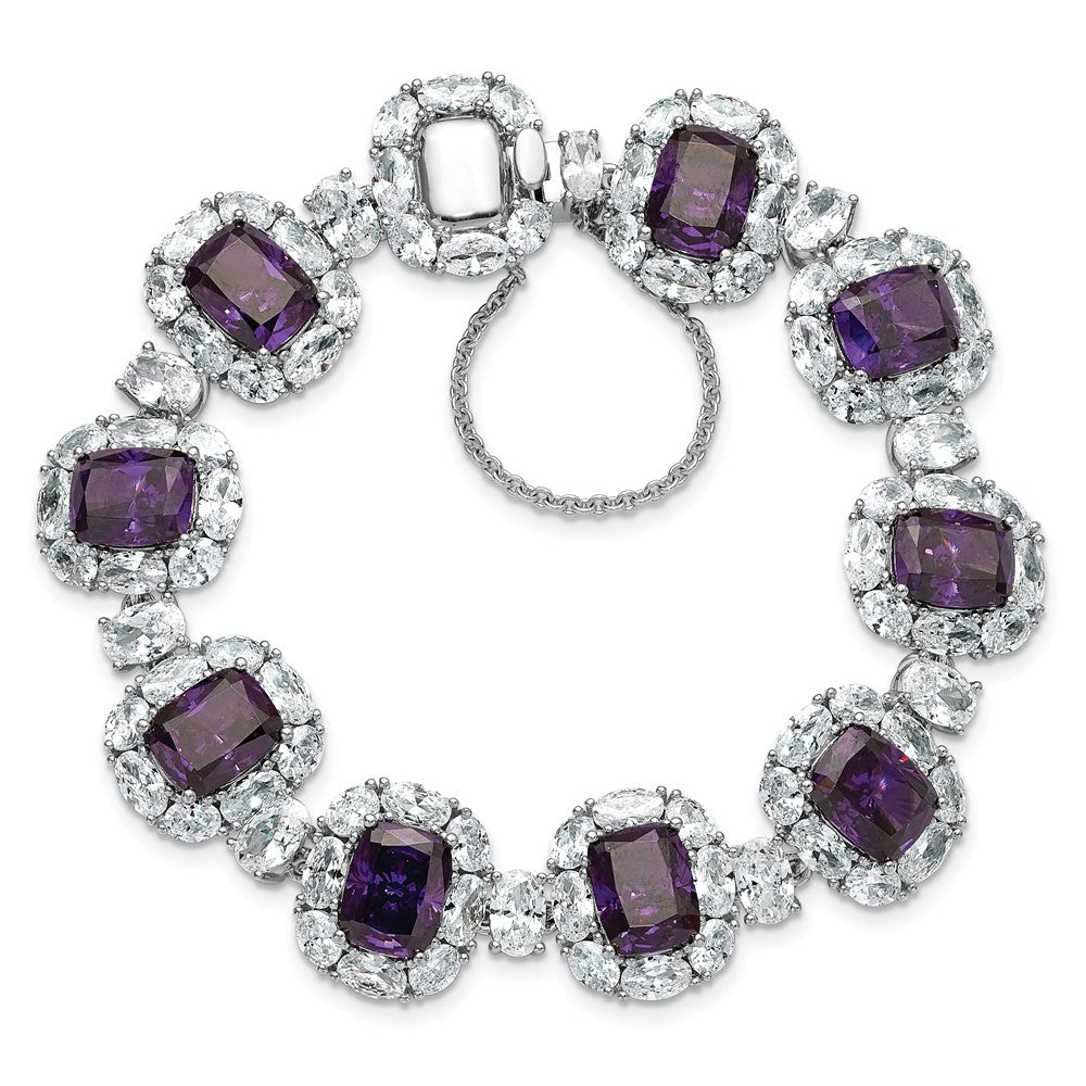 Cheryl M Sterling Silver Rhodium-plated Polished Fancy Purple and White CZ Halo Cluster with Safety Chain 7 Inch Bracelet QCM1714PUR-7