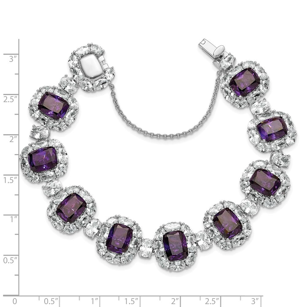 Cheryl M Sterling Silver Rhodium-plated Polished Fancy Purple and White CZ Halo Cluster with Safety Chain 7 Inch Bracelet QCM1714PUR-7