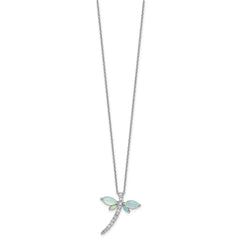 Cheryl M Sterling Silver Rhodium-plated Polished Lab Created Opal and CZ Dragonfly with 2 Inch Extension Necklace QCM1755-18