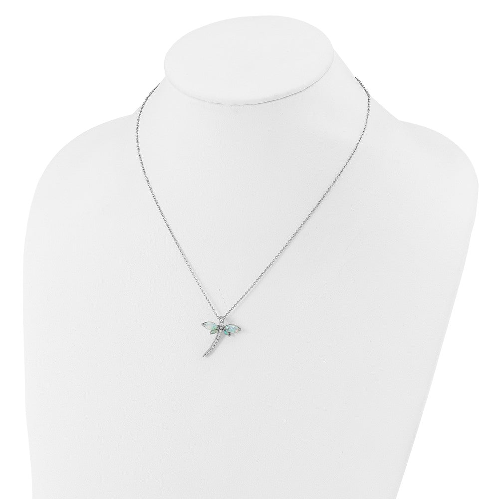 Cheryl M Sterling Silver Rhodium-plated Polished Lab Created Opal and CZ Dragonfly with 2 Inch Extension Necklace QCM1755-18