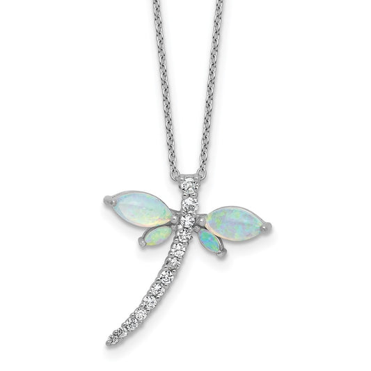 Cheryl M Sterling Silver Rhodium-plated Polished Lab Created Opal and CZ Dragonfly with 2 Inch Extension Necklace QCM1755-18