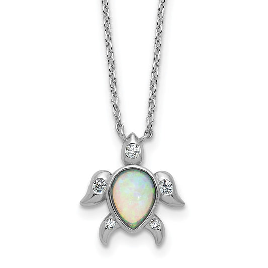 Cheryl M Sterling Silver Rhodium-plated Polished Lab Created Opal and CZ Turtle Necklace QCM1770-18