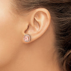 QCM1774 Cheryl M Sterling Silver Rose Gold-plated Polished CZ and Pink Glass Halo Post Earrings