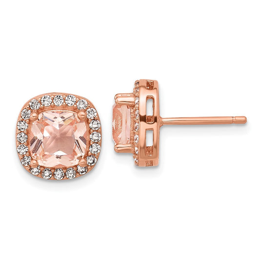 QCM1774 Cheryl M Sterling Silver Rose Gold-plated Polished CZ and Pink Glass Halo Post Earrings