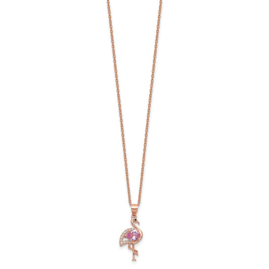 Cheryl M Sterling Silver Rose-tone Polished Lab Created Ruby Black Spinel and CZ Flamingo Necklace QCM1782-18