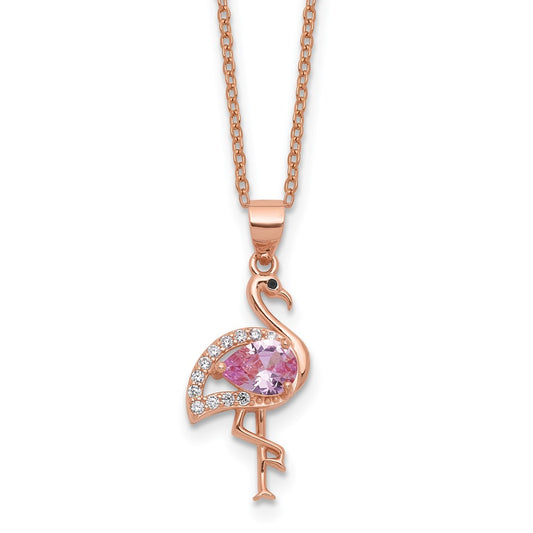 Cheryl M Sterling Silver Rose-tone Polished Lab Created Ruby Black Spinel and CZ Flamingo Necklace QCM1782-18