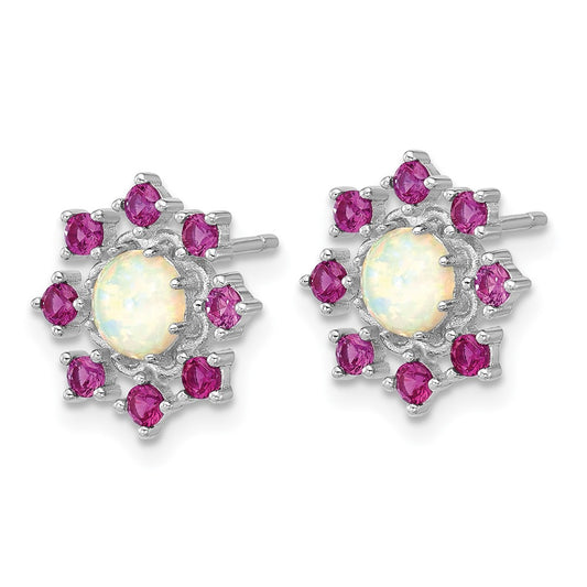 QCM1784 Cheryl M Sterling Silver Rhodium-plated Polished Created Opal and Pink Crystal Flower Post Earrings