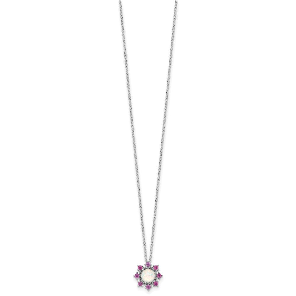 Cheryl M Sterling Silver Rhodium-plated Polished Created Opal and Pink Crystal Flower Necklace QCM1791-18