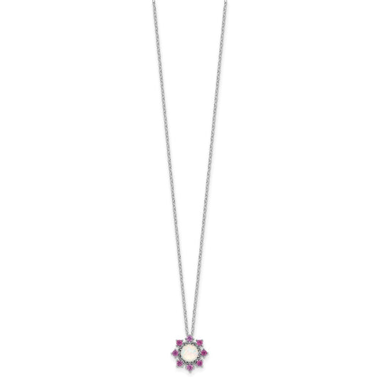 Cheryl M Sterling Silver Rhodium-plated Polished Created Opal and Pink Crystal Flower Necklace QCM1791-18