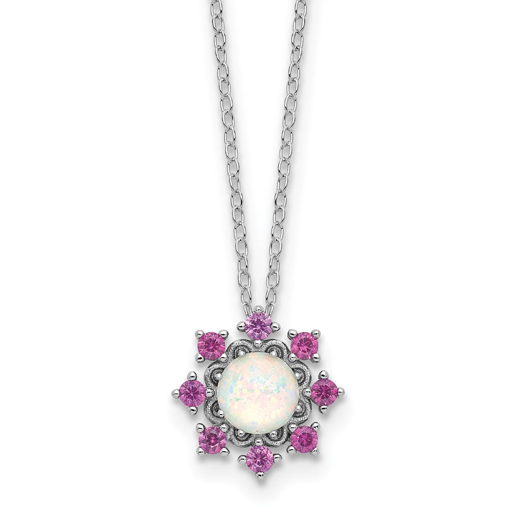 Cheryl M Sterling Silver Rhodium-plated Polished Created Opal and Pink Crystal Flower Necklace QCM1791-18