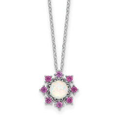 Cheryl M Sterling Silver Rhodium-plated Polished Created Opal and Pink Crystal Flower Necklace QCM1791-18