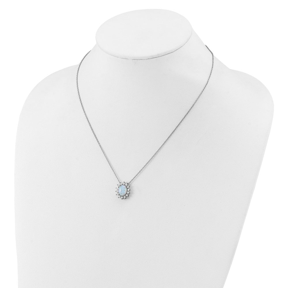 Cheryl M Sterling Silver Rhodium-plated Polished Created Opal and CZ Oval Halo Necklace QCM1807-18