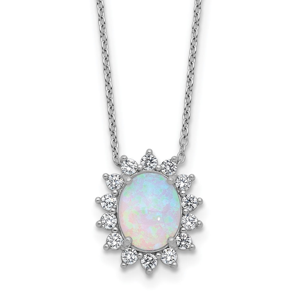 Cheryl M Sterling Silver Rhodium-plated Polished Created Opal and CZ Oval Halo Necklace QCM1807-18
