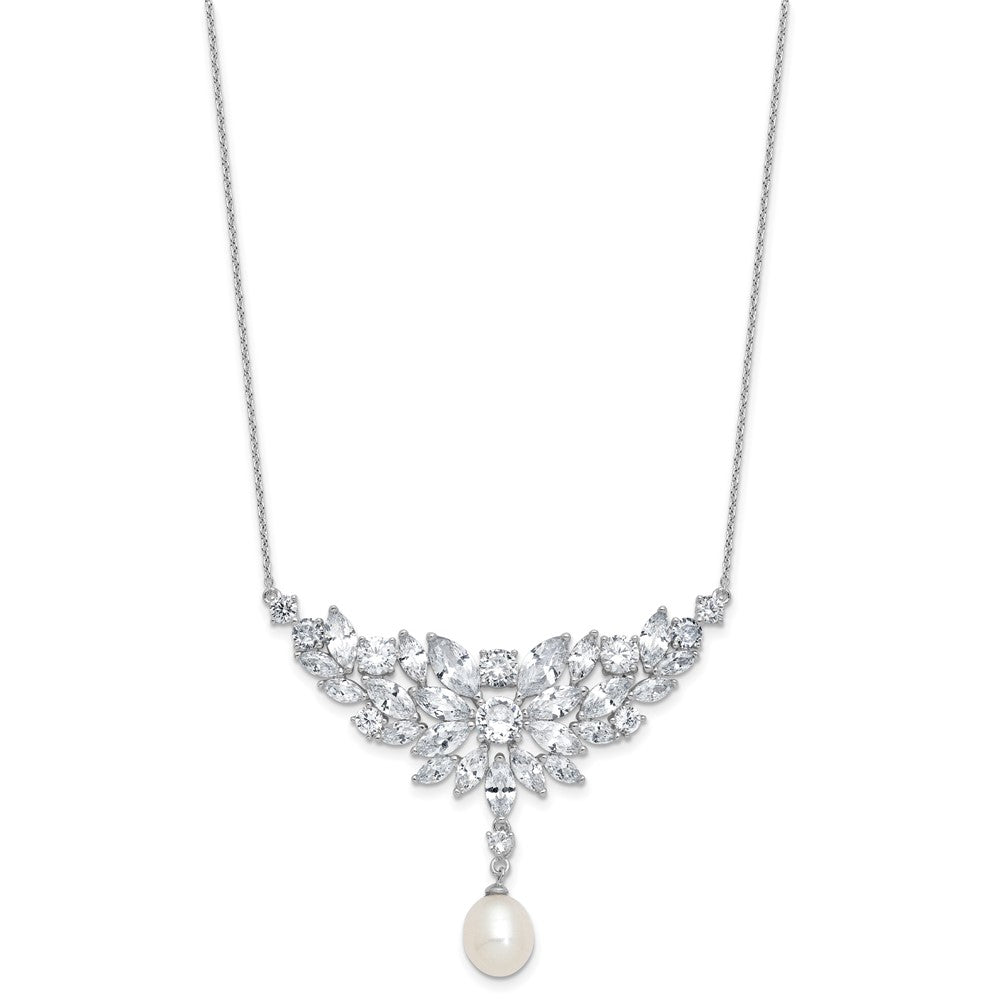 Cheryl M Sterling Silver Rhodium-plated Polished Fancy Freshwater Cultured Pearl and CZ Necklace QCM1814-18