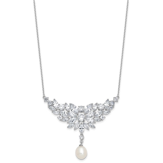Cheryl M Sterling Silver Rhodium-plated Polished Fancy Freshwater Cultured Pearl and CZ Necklace QCM1814-18